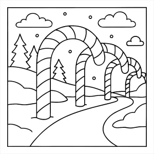 Candy Cane Archway Winter Path coloring page with snow and festive holiday scene