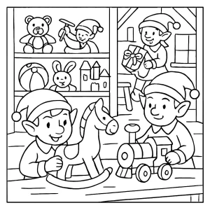 Elf workshop full of toys and busy elves coloring page, free printable for kids