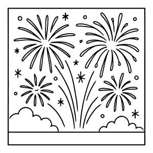 Midnight sky full of fireworks for New Year's Eve coloring page, free printable