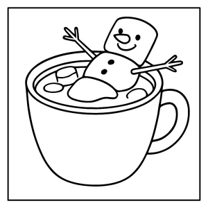 Hot chocolate and marshmallow snowman coloring page for kids to print and color