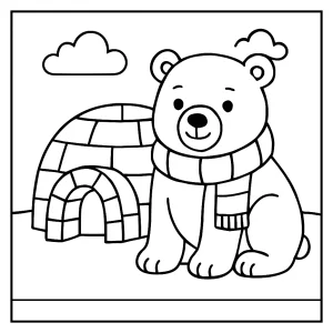 Polar bear with scarf next to igloo coloring page for kids to print and color