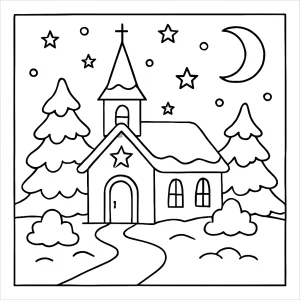 Snow-covered church at Christmas midnight coloring page, free printable