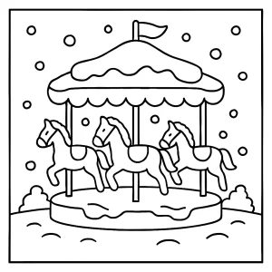 Snow-covered merry-go-round coloring page for kids to print and color