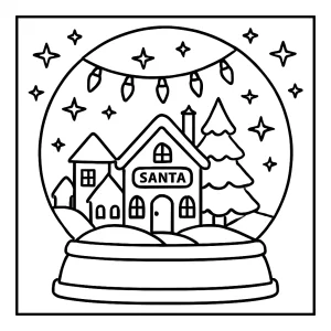 Santa’s Village Snow Globe coloring page featuring a festive Christmas village and twinkling lights for kids to color