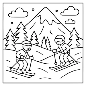 Snowy mountain peak with skiers and evergreen trees coloring page - free printable for kids