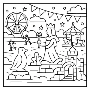 Winter carnival with ice sculptures coloring page featuring festival activities and snowy scenery for kids to color