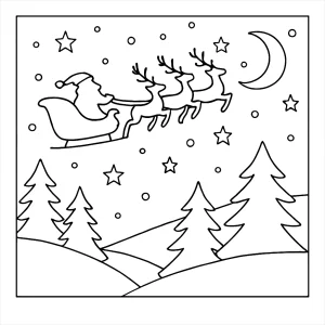 Santa’s silhouette flying through a winter night sky with stars and moon, free printable coloring page.