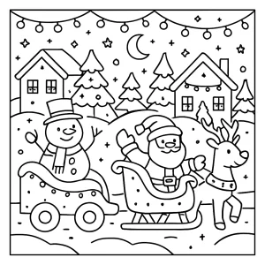 Winterparade Malvorlage – coloring page mit Festwagen, Lichtern und Menschen zum Ausmalen für Kinder