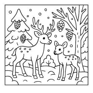 Winter wonderland forest coloring page with deer, snow-covered trees, and pine cones for free printing and coloring