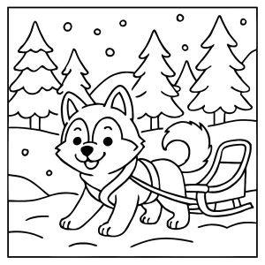 Adorable husky pulling a sled through snowy forests coloring page for free printable fun