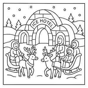 Ice hotel with guests arriving in sleds coloring page for free printable fun