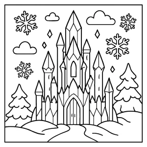 Ice princess crystal castle coloring page with snowy crystal towers and fantasy design