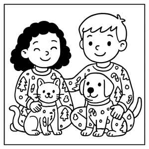 Children and pets in matching holiday pajamas coloring page for free printable fun