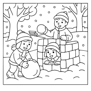 Children building a snow fort in a snowy park coloring page, free printable for kids