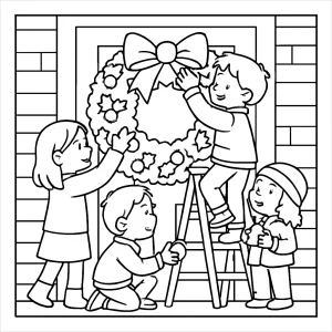 Children decorating a large wreath on a front door coloring page, free printable