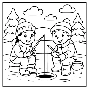 Children ice-fishing on frozen pond coloring page, free printable for kids