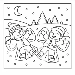 Children making snow angels coloring page – printable winter scene for kids
