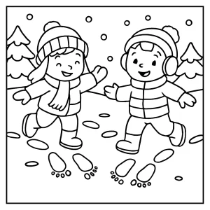 Children making winter footprints coloring page for free printable fun