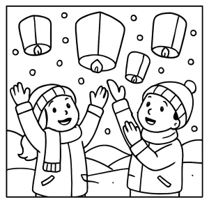 Children releasing lanterns into a snowy winter night sky coloring page