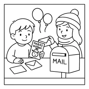Children sending New Year cards coloring page – printable activity for kids