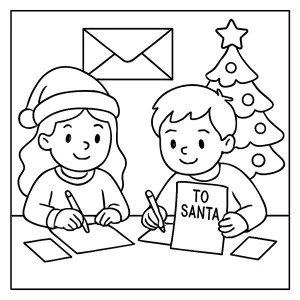 Children writing letters to Santa coloring page, free printable illustration for kids