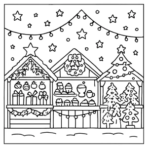 Printable Christmas market stalls coloring page with twinkling lights for kids and families
