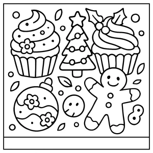 Festive cupcakes and cookies coloring page with printable sweet treats for kids