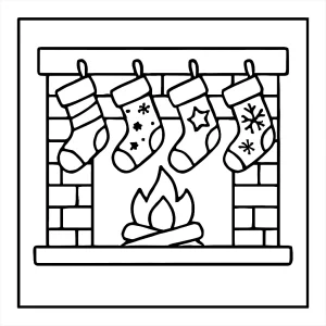 Malvorlage: Festliche Strümpfe am Kamin als coloring page zum Ausmalen für Kinder