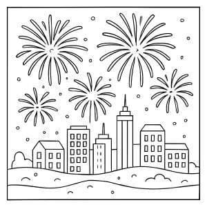 Fireworks over snowy city skyline coloring page for kids to print and color