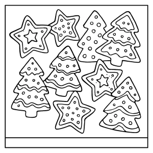 Gingerbread cookies stars and trees coloring page for kids to print and color