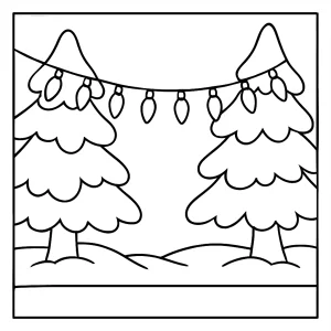 Holiday fairy lights in snowy trees coloring page for free, printable activity for kids