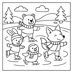 Ice-skating animals coloring page featuring cute animals gliding on a frozen lake, printable for kids
