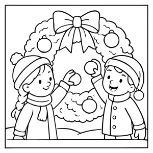 Kids decorating a snow-covered wreath coloring page for free printable fun