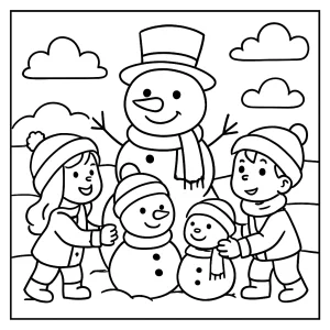 page de coloriage gratuite montrant des enfants construisant une famille de bonshommes de neige