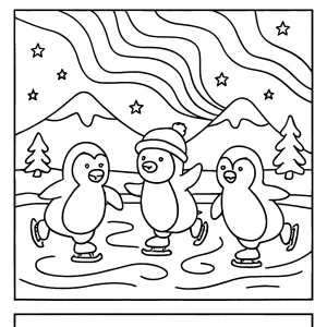 Coloring page featuring penguins ice skating on a frozen pond under the northern lights