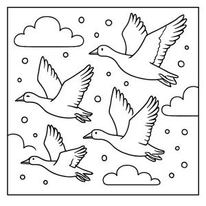 Snow geese flying in a wintry sky coloring page for free printable use