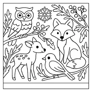 Winter wildlife among frosted branches coloring page with animals and snow for kids to print and color
