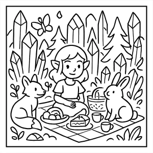 Crystal Forest Picnic Adventure coloring page featuring magical creatures and a sparkling enchanted forest picnic scene