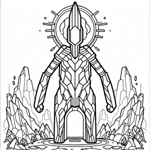 Crystal golem guarding a glowing portal to another dimension