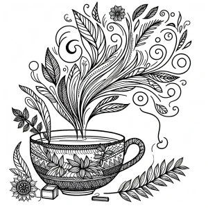 A cup of herbal tea with steam turning into floral swirls.