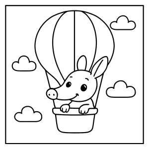 Cute aardvark flying a hot-air balloon coloring page – free printable for kids