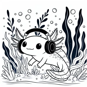 Axolotl wearing headphones swimming through an underwater kelp forest in black-and-white outline
