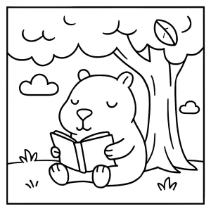 Cute capybara reading a book under a tree coloring page, free printable