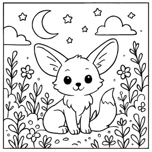 Fennec fox in a moonlit garden coloring page for free printable fun