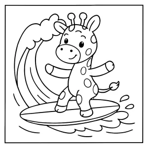 Cute giraffe surfing a wave coloring page for kids to print and color