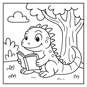 Cute iguana reading under a tree coloring page for kids to print and color