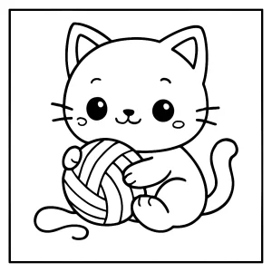 Kawaii cat playing with yarn coloring page, free printable for kids