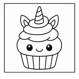 Kawaii cupcake unicorn hybrid coloring page for kids to print and color