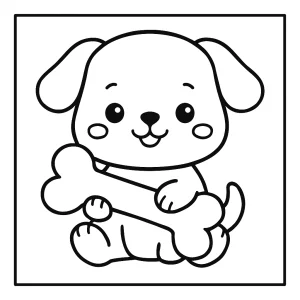 Kawaii dog with a big bone coloring page, free printable for kids