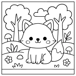 Cute Kawaii Fox in the Forest coloring page for kids to print and color
